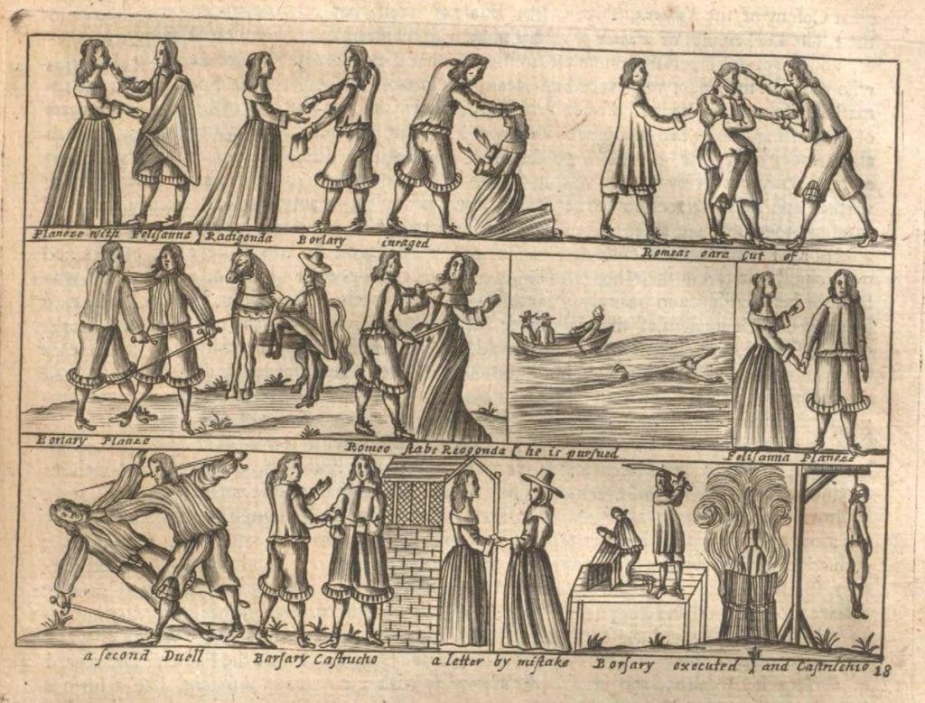 A black and white woodcut print depicting a series of scenes, likely from a historical narrative.