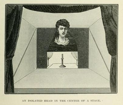 A vintage illustration of a disembodied woman's head displayed on a stage, with a candle and glasses below, framed by heavy curtains.