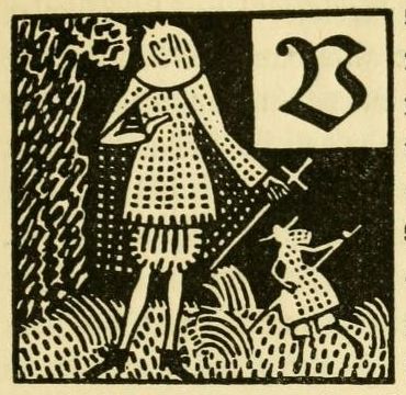 A black and white illustration of a tall figure in medieval clothing holding a staff with a cross, standing next to a smaller figure, with the number '23' above them.