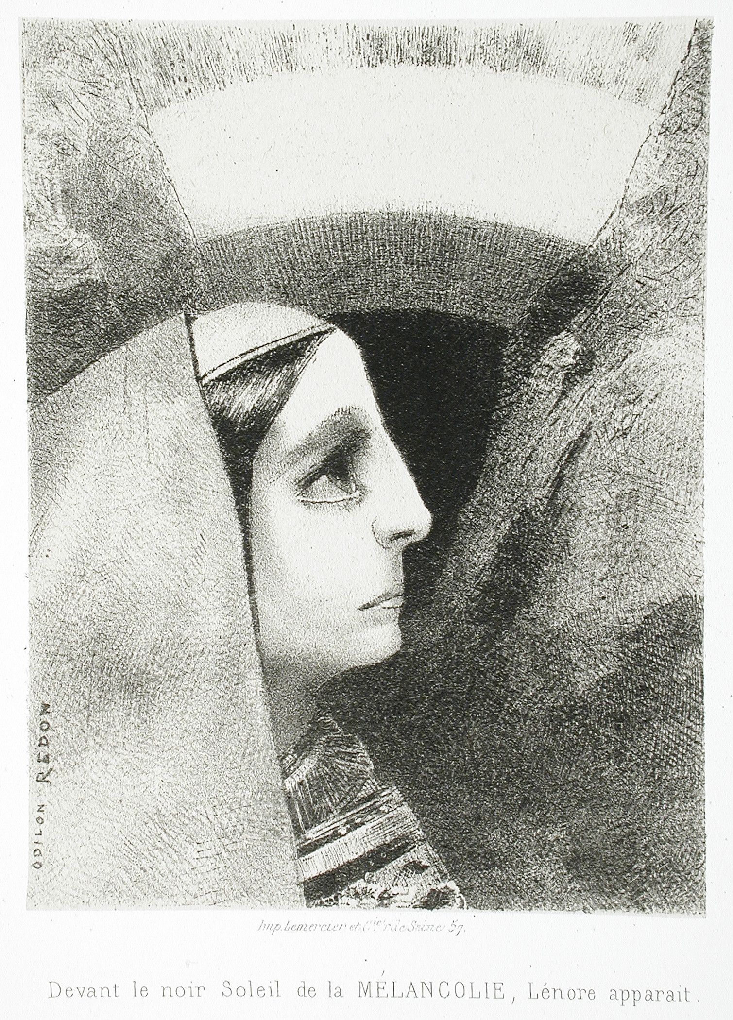 A black and white lithograph depicting a woman's face emerging from a dark, textured background. The woman is in profile, looking to the right, with large, almond-shaped eyes that are closed or partially closed. The background is a swirling mass of dark, textured lines and shapes, creating a sense of depth and mystery. Below the image, there is text in French: "Devant le noir Soleil de la MÉLANCOLIE, Lénore apparaît". On the left side of the image, there is a signature or inscription that reads "ODILON REDON".