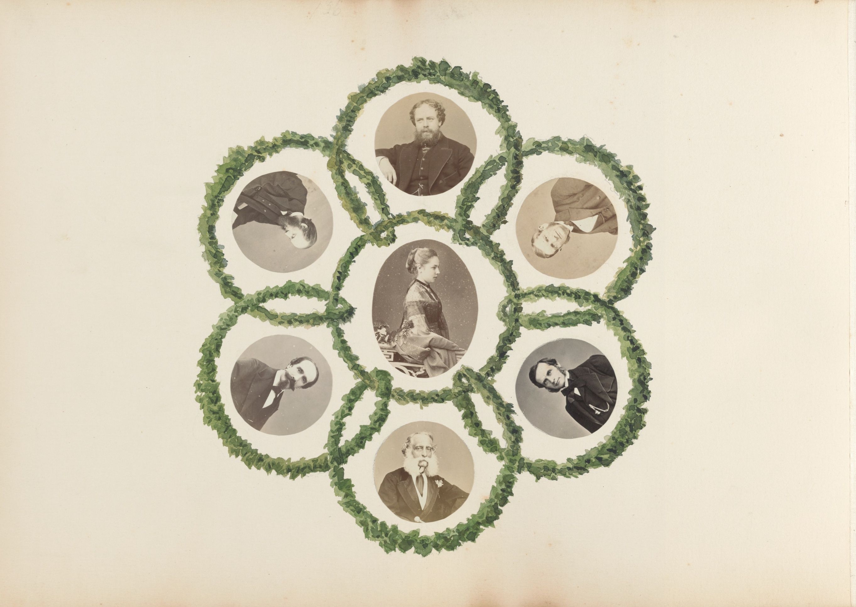 A vintage-style composition featuring a circular arrangement of seven oval portraits, each encircled by a delicate green wreath.
