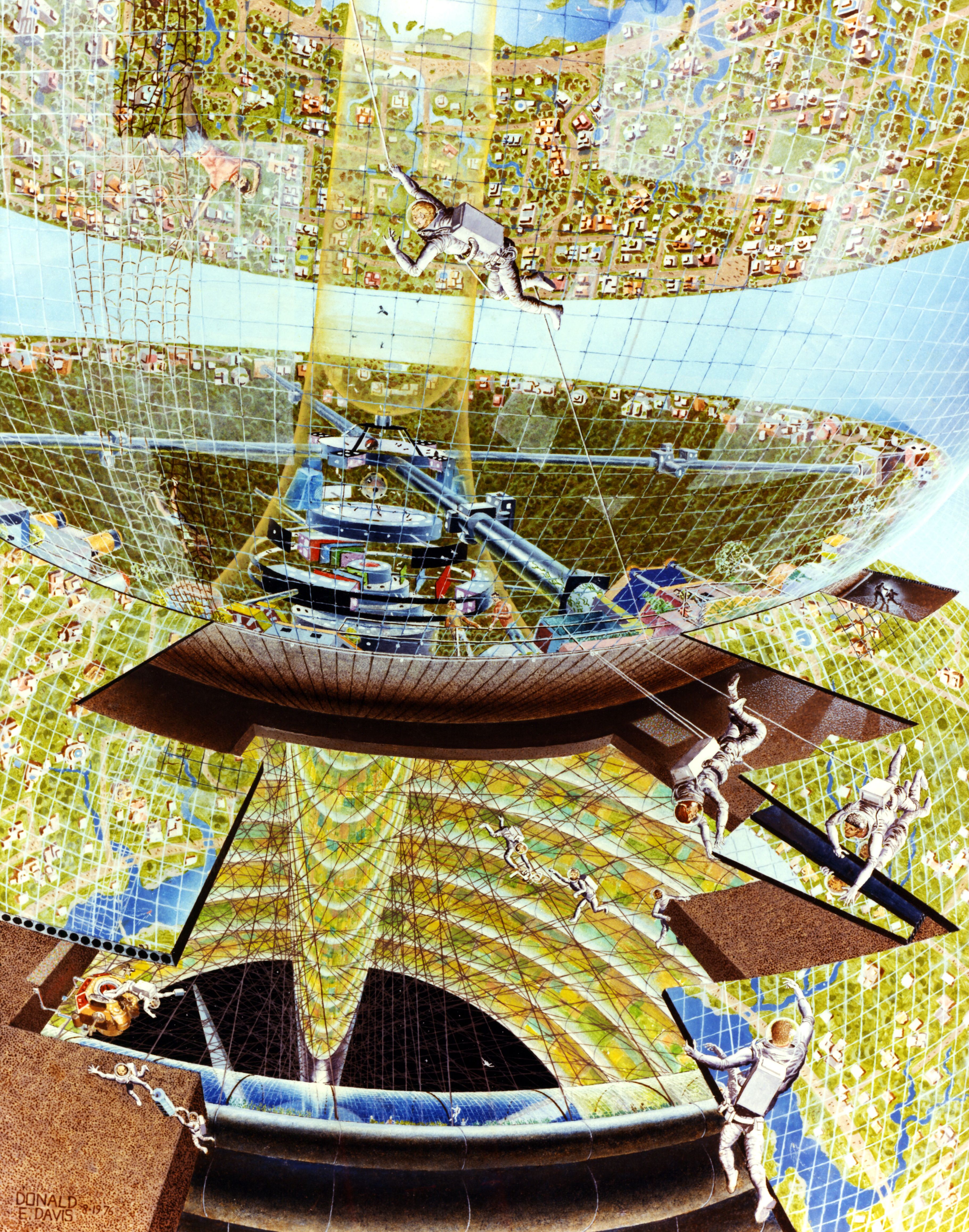 A futuristic illustration of a large satellite dish structure in space, with a spaceship and astronauts.