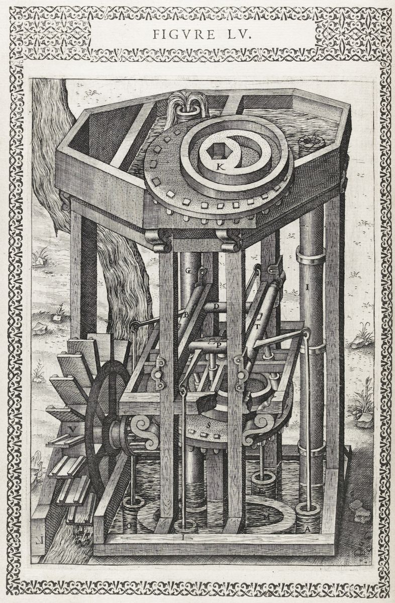 A detailed black and white engraving of a complex mechanical device, likely a water-powered machine.
