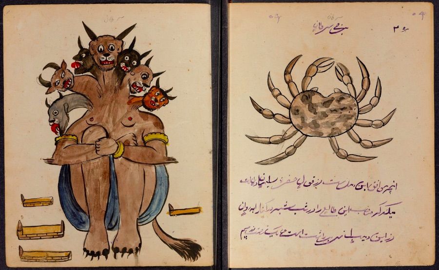 A double-page spread from an old manuscript featuring a multi-headed beast on the left and a large crab on the right, both accompanied by ornate script.