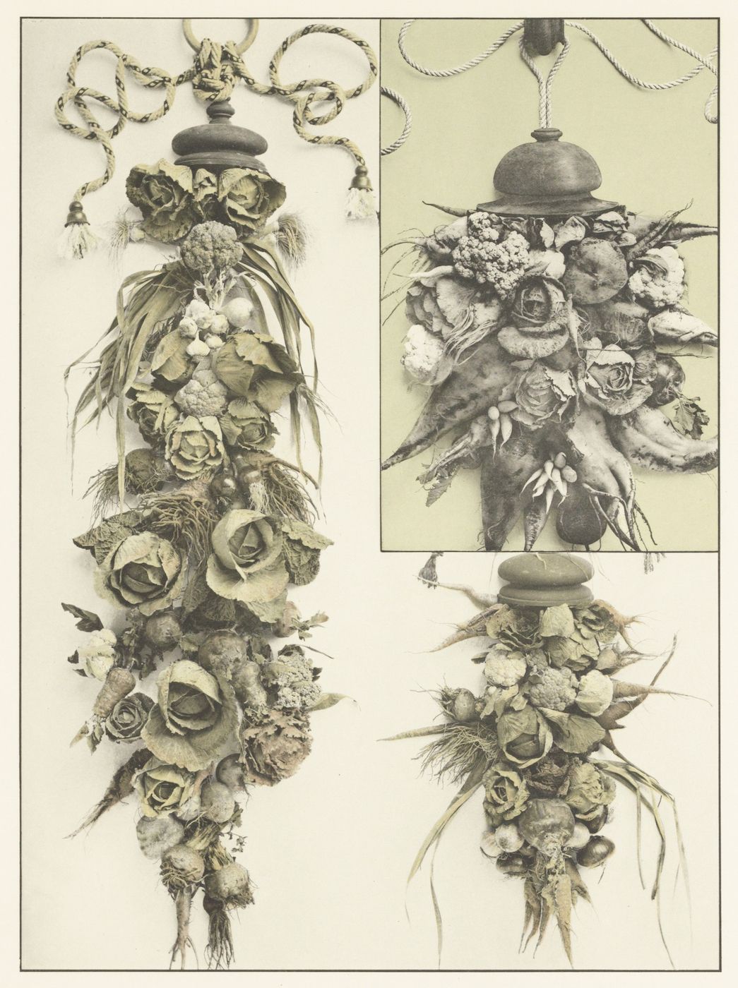 Vintage sepia-toned print of three floral chandeliers or ornaments with cascading dried flowers and roses.