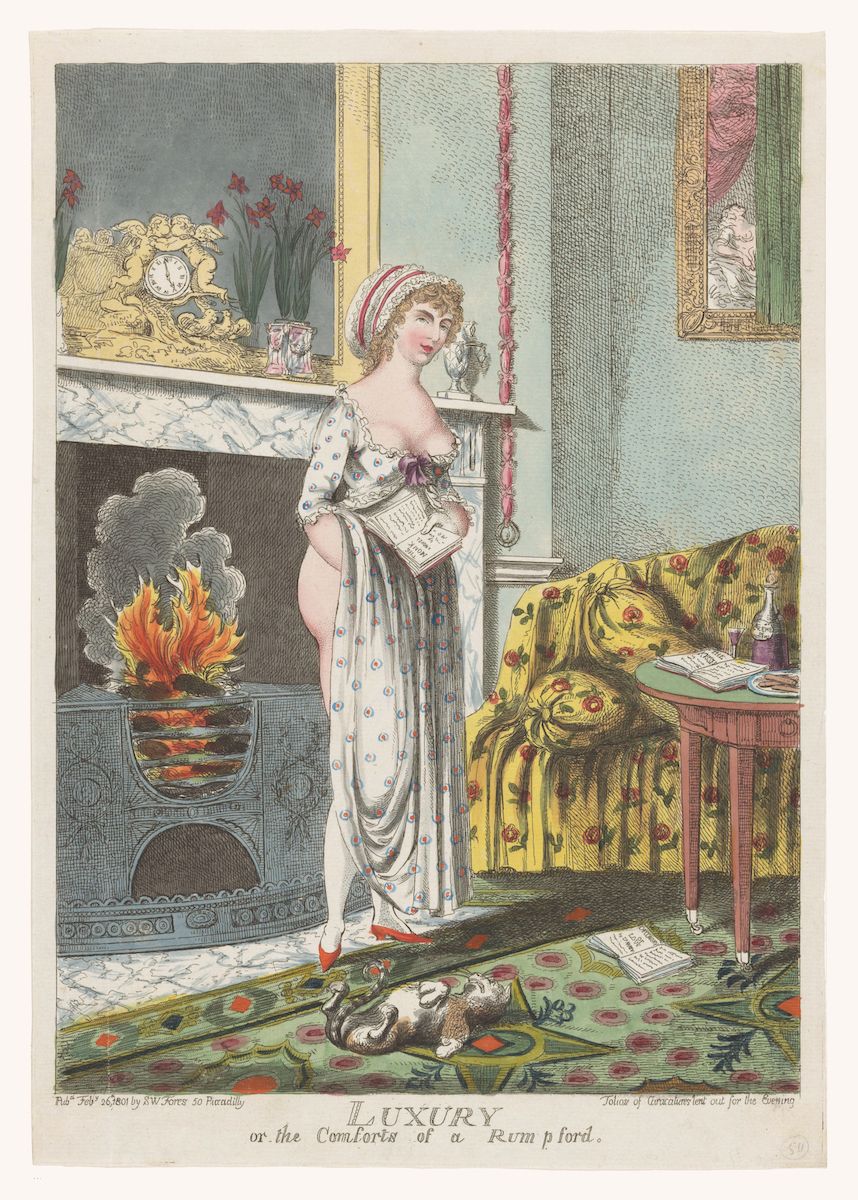 A hand-colored etching titled 'Luxury or the Comforts of a Rumpled'. It depicts a well-appointed interior with a pregnant woman as the central figure.