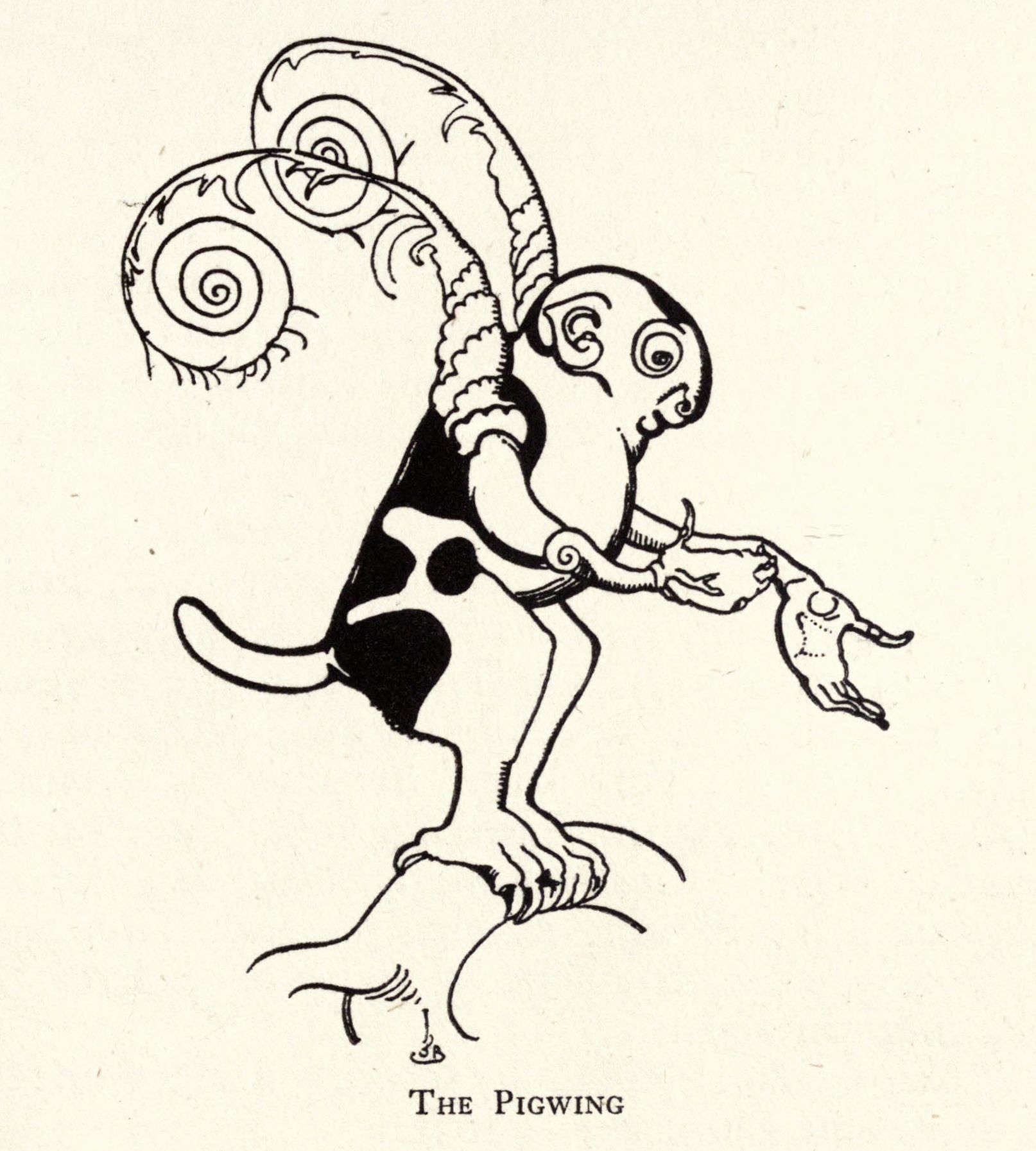A black and white illustration of a fantastical creature labeled 'The Pigwing'. The creature is a whimsical blend of animal features, appearing to be a cross between a pig and a bird or bat.