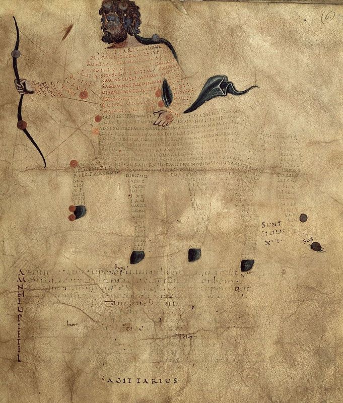 Antique illustration of the Sagittarius constellation with a centaur figure, stars, and handwritten Latin text on aged parchment.