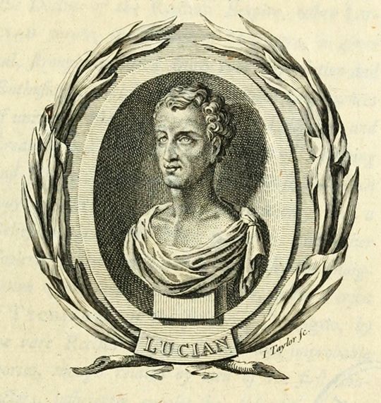 A vintage black and white engraving of a bust of a man named Lucian, framed by a wreath and inscribed with the artist's signature.