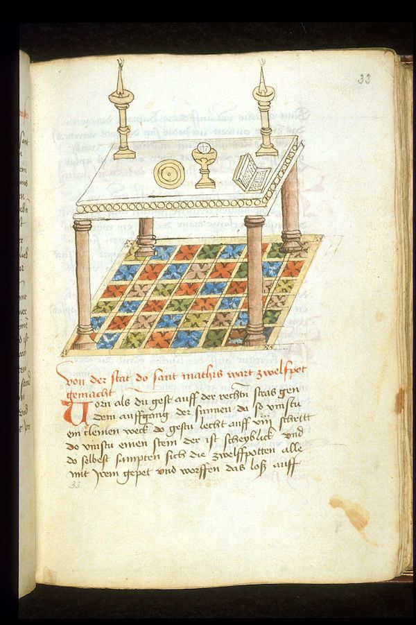 A page from a medieval manuscript featuring a colorful illustration of an altar with candles, a chalice, and a book.