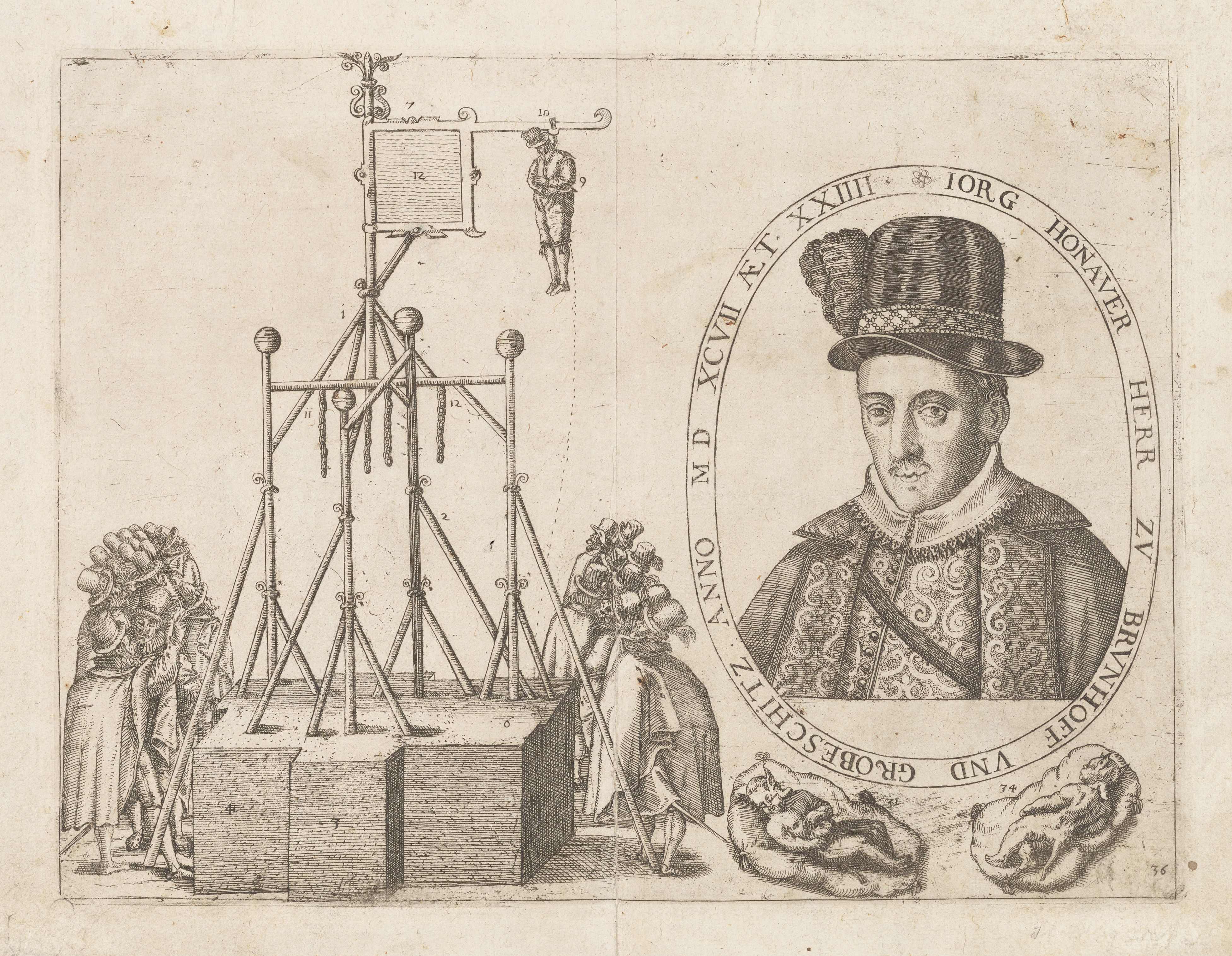 A black and white engraving depicting a portrait of a man on the right and a complex machine on the left.