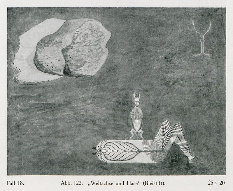 A black and white pencil drawing of a person lying on a leaf-like object, with a rock and a ghostly hare in the background.