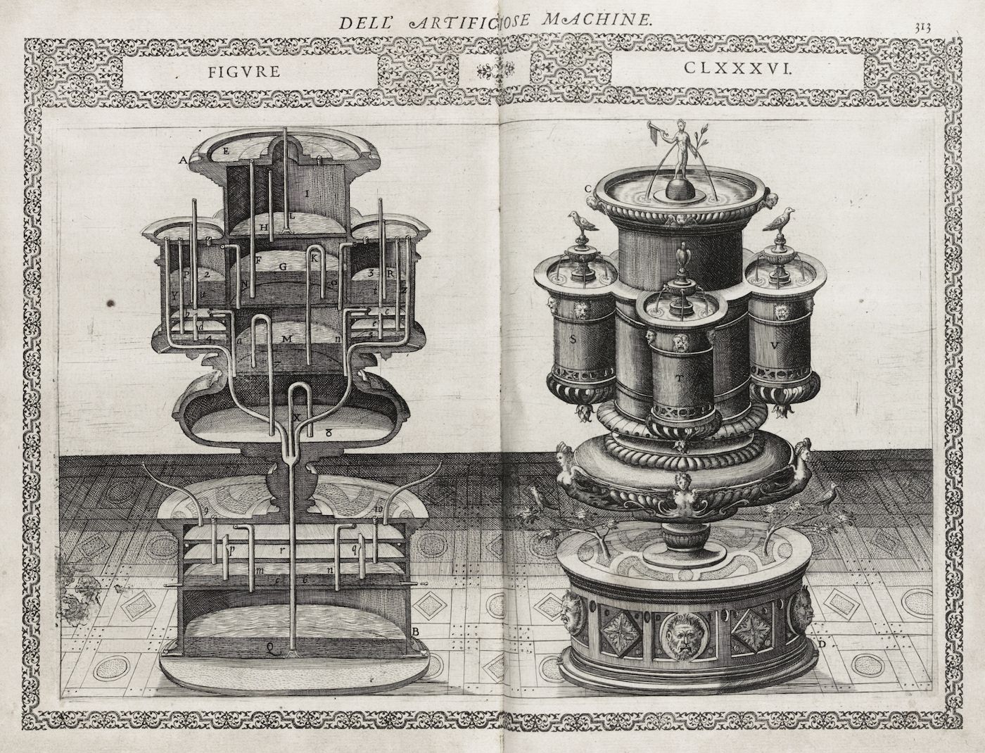 A black and white engraving of two complex mechanical devices, likely from a historical technical manual.