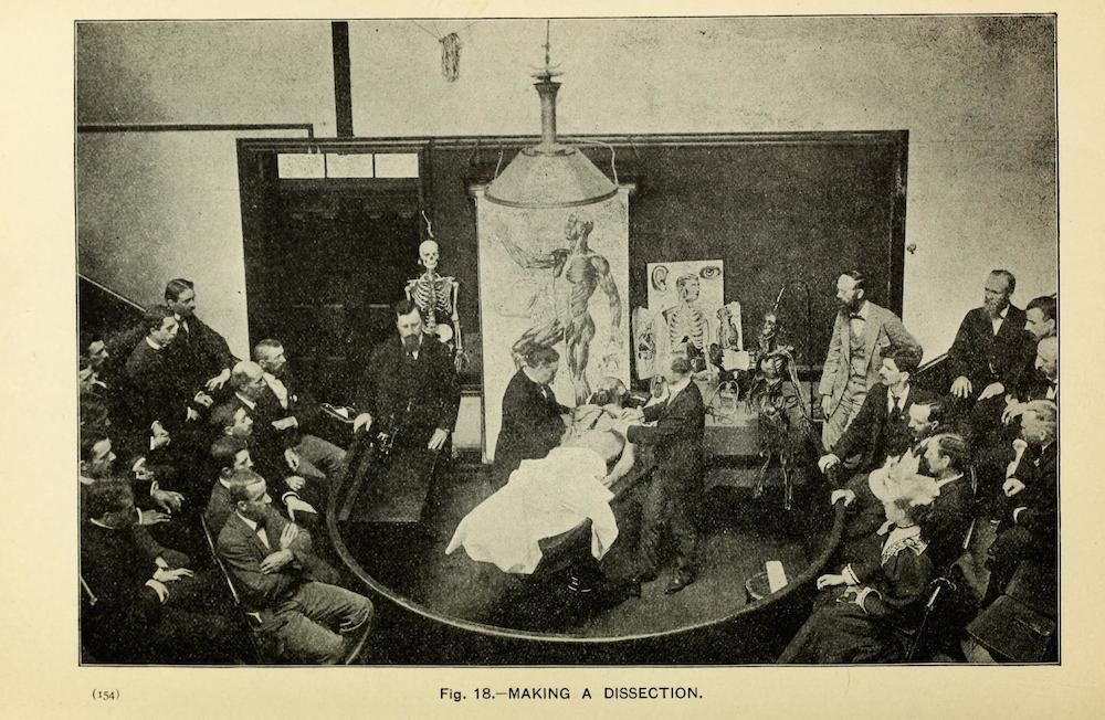 Vintage photograph of a medical dissection class with students and a teacher around a dissection table.