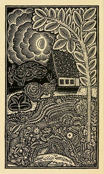 A black and white woodcut-style illustration depicting a whimsical landscape with a snail, house, tree, and stylized flower.