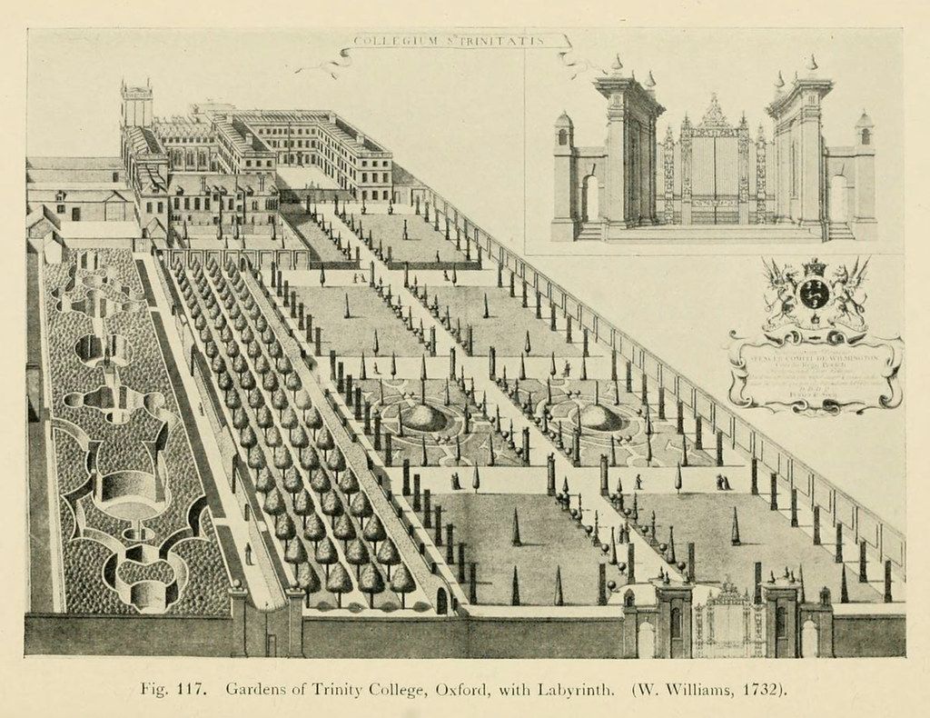 Black and white engraving of the gardens of Trinity College, Oxford, with a labyrinth, created by W. Williams in 1732.