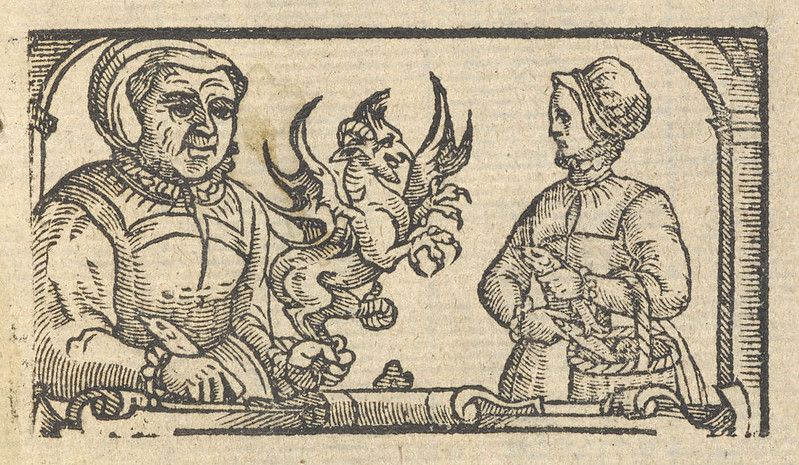 A black and white woodcut illustration depicting two people and a fantastical creature.