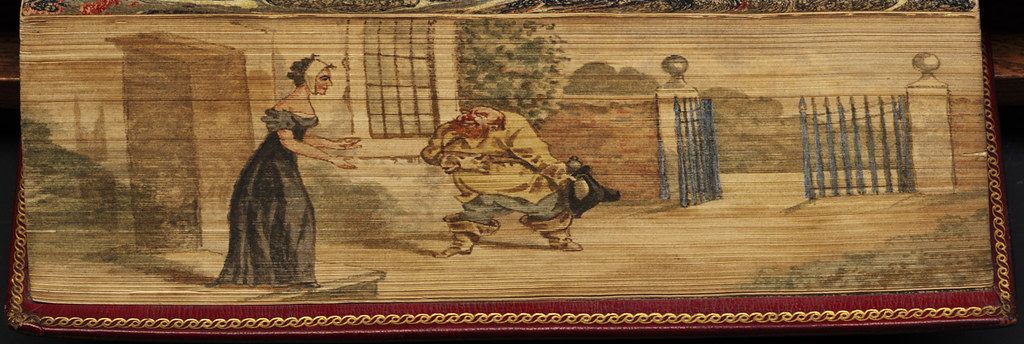 A detailed textile artwork depicting a woman and a man in a garden setting, framed by a red border.