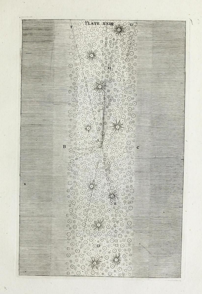 Vintage scientific illustration with a dense arrangement of circles and stars, intersected by lines, and labeled with letters.
