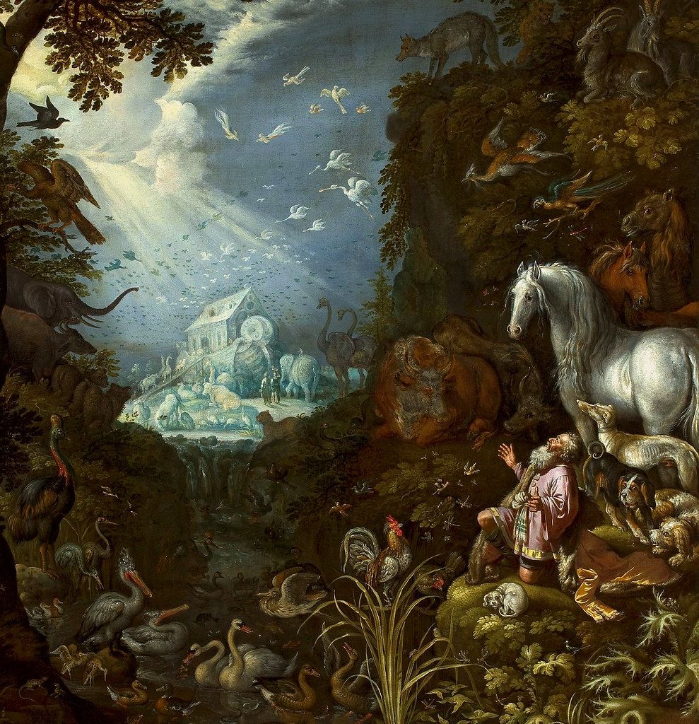 A detailed painting depicting a scene reminiscent of Noah's Ark, with a multitude of animals entering a large ark in the background.