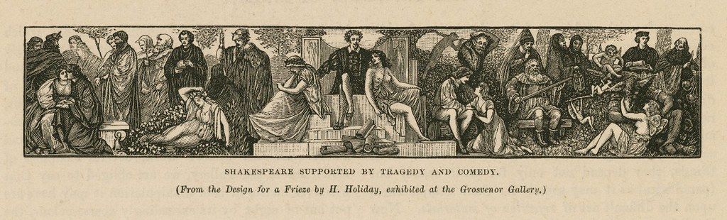 Black and white illustration of a frieze design titled 'Shakespeare Supported by Tragedy and Comedy', depicting a line of figures representing characters from Shakespearean plays, with Shakespeare at the center, supported by figures representing Tragedy and Comedy.