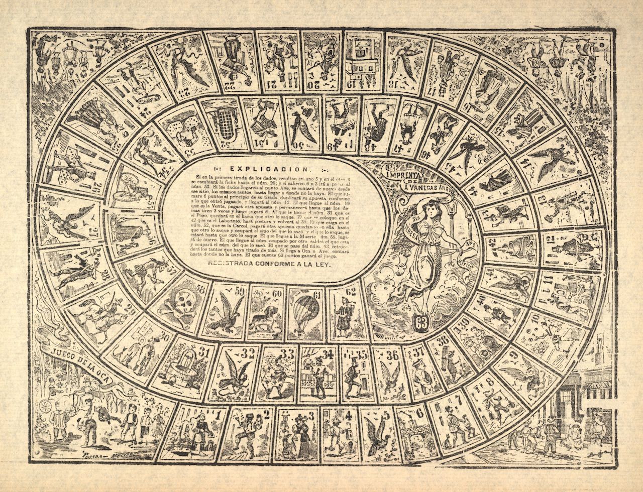 Vintage engraving of a circular card game layout with numbered spaces and illustrations.