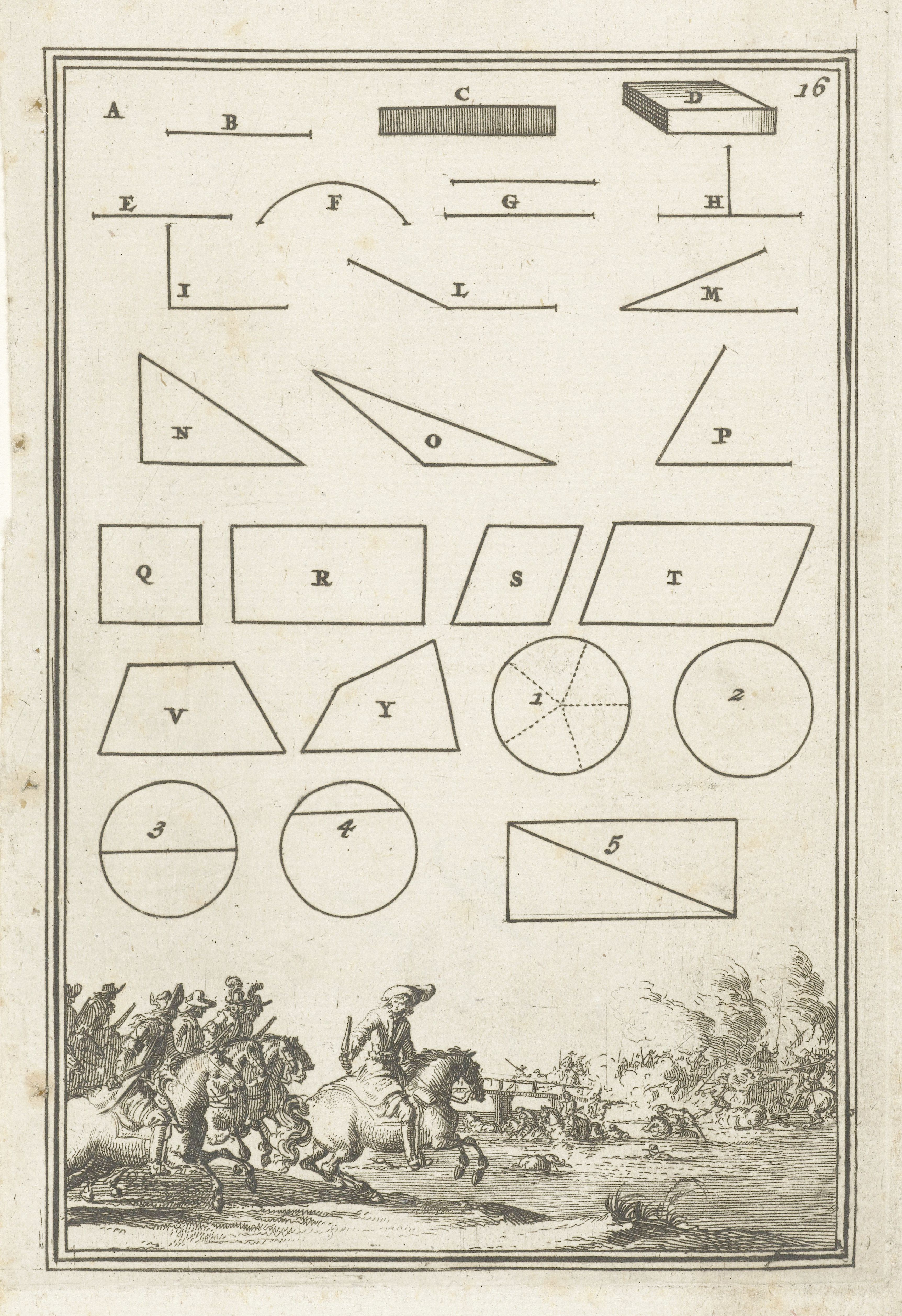 An old engraving featuring a grid of geometric shapes labeled with letters and numbers, and a battle scene with horses and riders.
