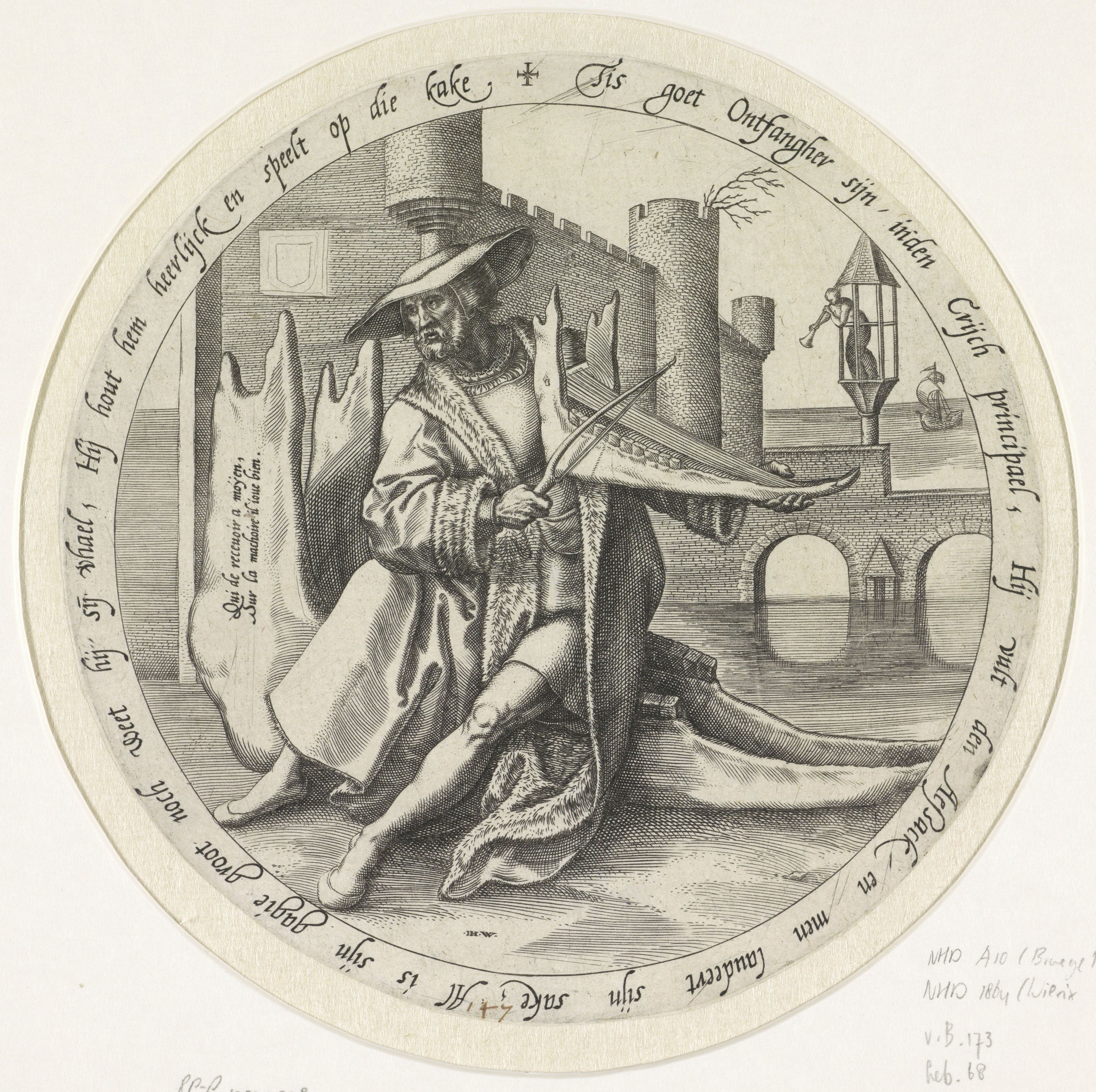 A circular engraving depicting a man seated in a grand, ornate chair, with a castle and bridge in the background, surrounded by text.
