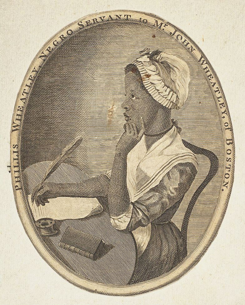 An engraving of Phillis Wheatley, a Black woman, in period clothing, seated at a table with a quill pen and inkwell. The image is framed within an oval, and text around the frame identifies her as a 'Negro Servant to Mr. John Wheatley of Boston.'