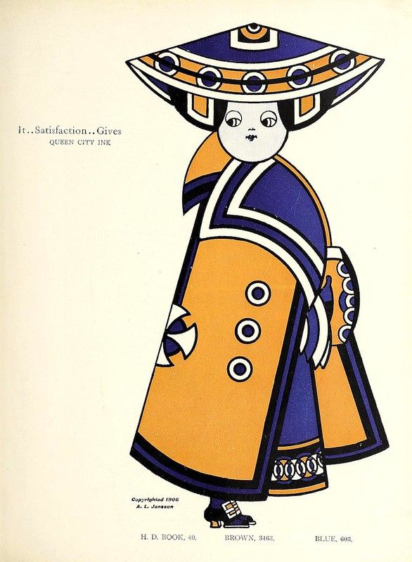 A vintage advertisement featuring a stylized illustration of a person in elaborate clothing, promoting 'Queen City Ink'.