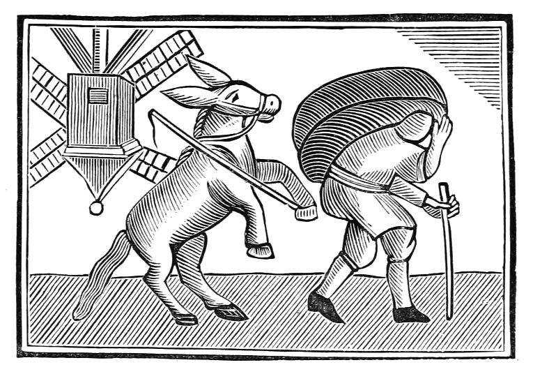 A black and white woodcut illustration of a donkey pulling a large sack, with a man walking behind it, and a windmill in the background.