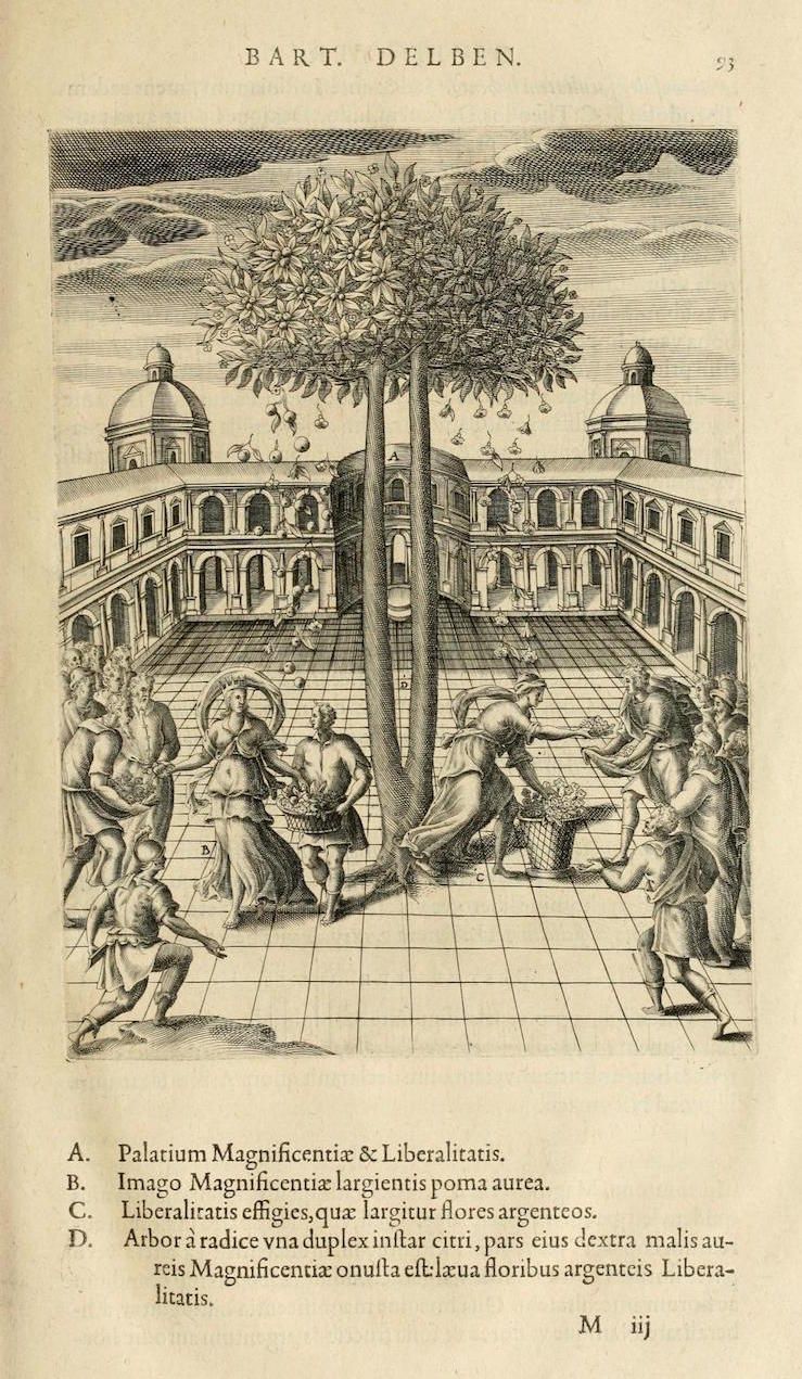 A detailed black and white engraving depicting a scene of abundance and generosity with a large tree laden with golden fruit and silver flowers in a grand classical building.
