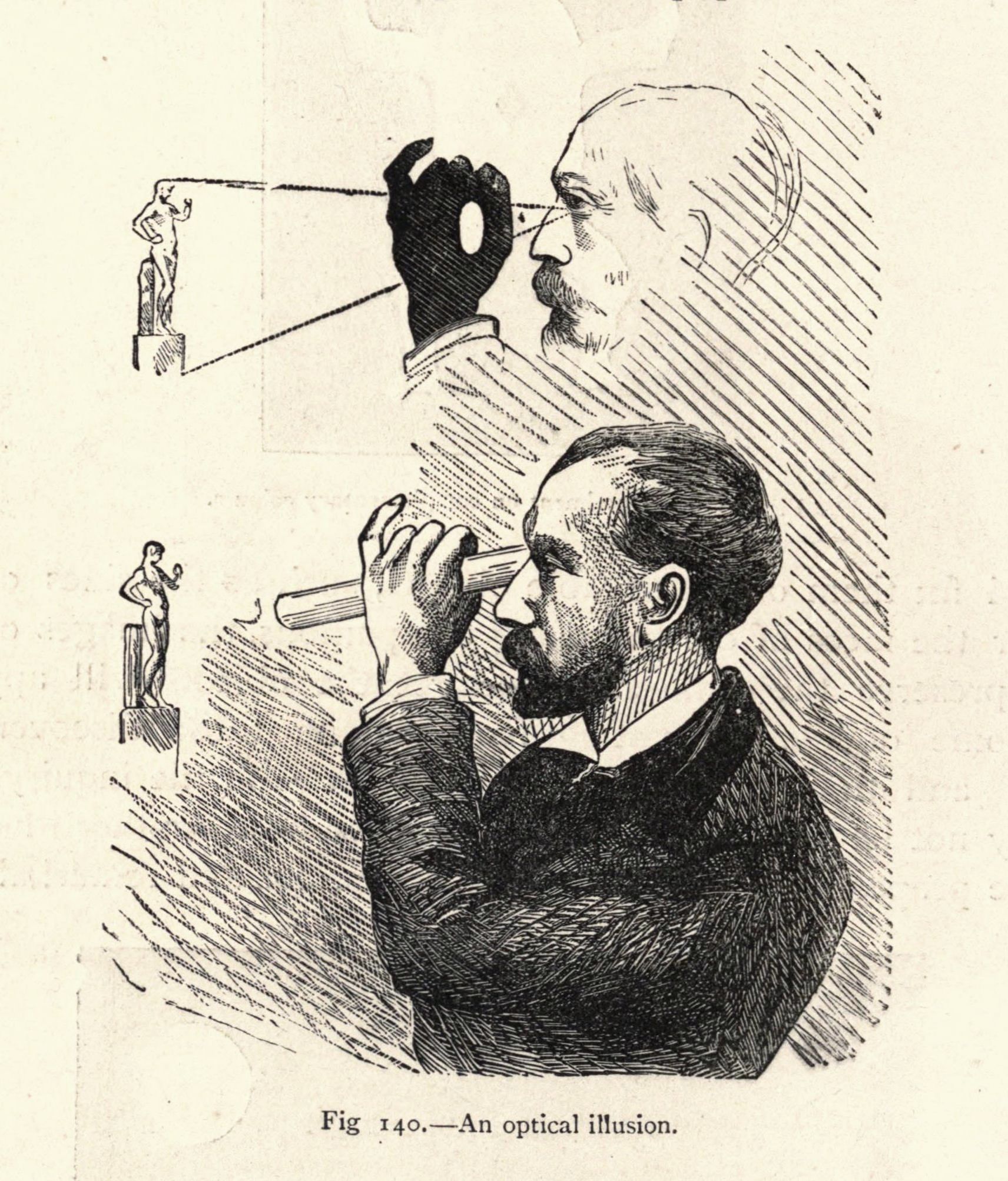 Vintage illustration of a man looking through a telescope at a statue, demonstrating an optical illusion.
