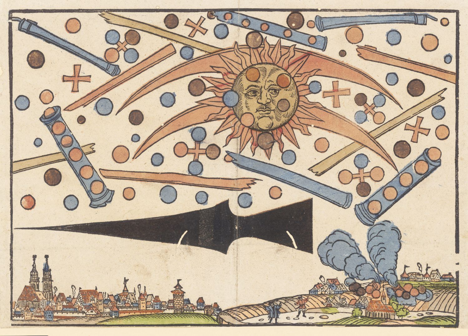 Vintage illustration of a city under a celestial scene with a sun, stars, and a cannon firing.