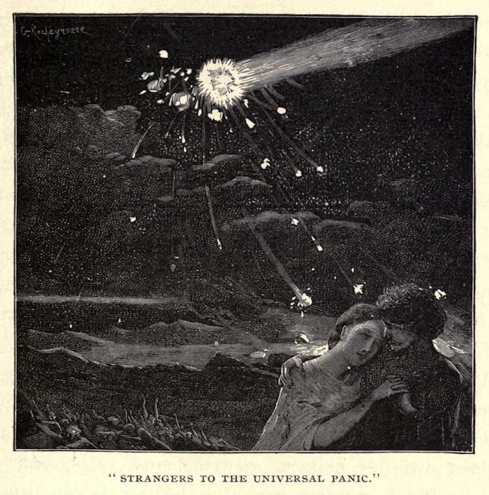 A black and white illustration of a woman and man looking up at a bright comet in a night sky.