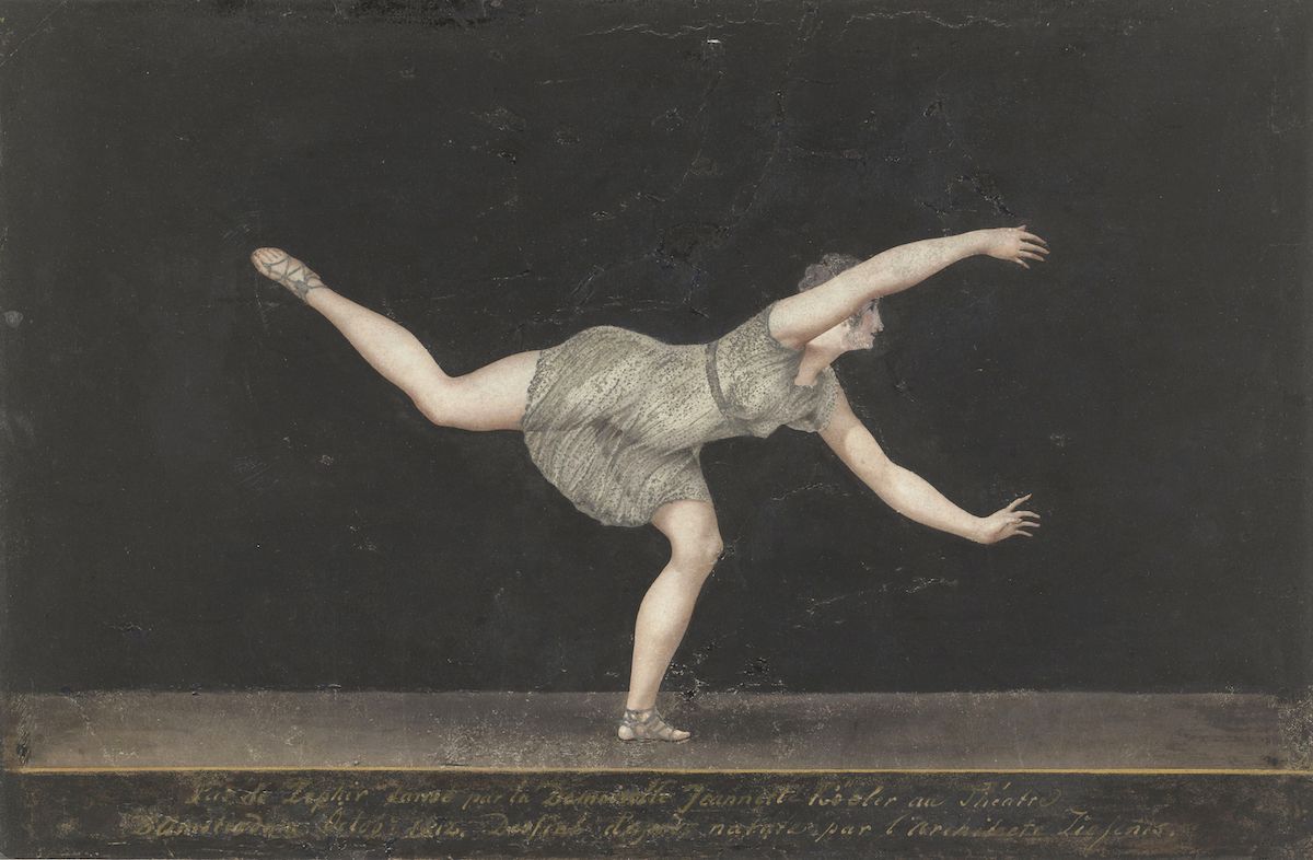 A painting of a ballerina in a dynamic pose, with one leg extended high in the air and the other bent, supporting her weight. She is wearing a fitted bodice and a short, layered tulle skirt. The background is a deep, dark black, creating a dramatic contrast with the ballerina's figure.