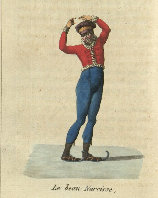A vintage illustration of a man titled 'Le beau Narcisse' in a flamboyant outfit, touching his hair as if admiring his reflection.