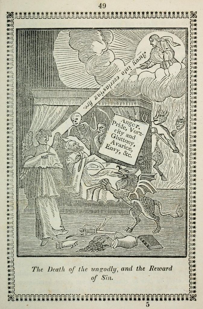 A black and white engraving depicting a dramatic scene of judgment and damnation. A skeleton drags a person into a fiery abyss, while an angel descends from the clouds.