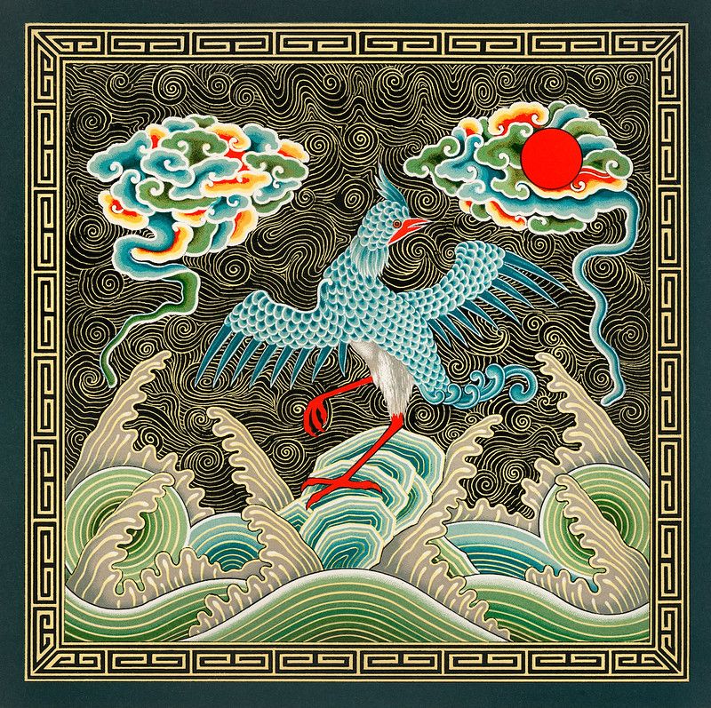 A highly detailed, stylized artwork reminiscent of traditional Chinese embroidery or tapestry. It features a central motif of a fantastical bird standing amidst waves, with clouds and a sun in the background, all framed by an ornate border.