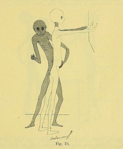 Vintage anatomical illustration of two human figures, one shaded and the other a skeletal outline.