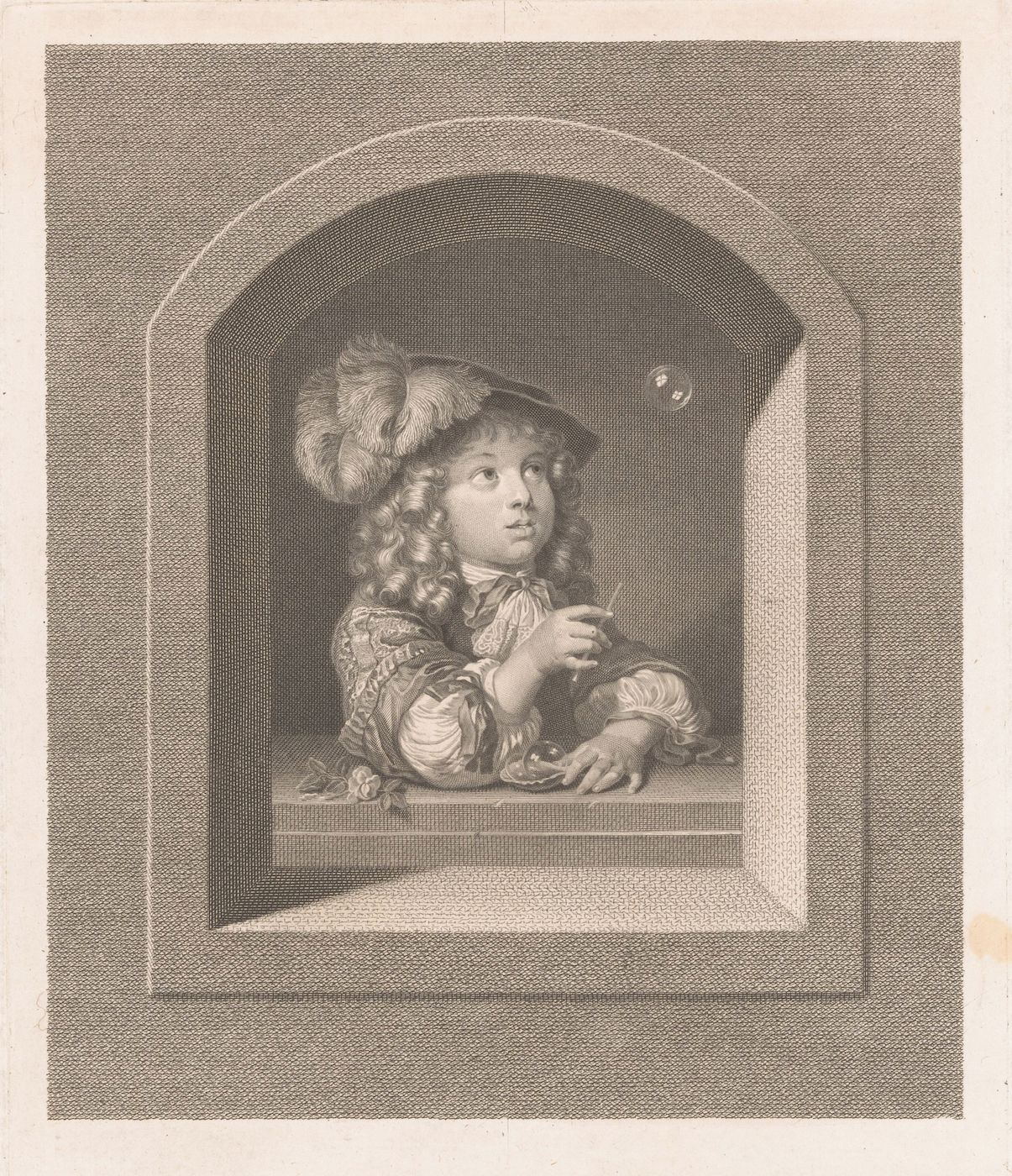 A black and white engraving of a young boy blowing a bubble, framed within an arched window.