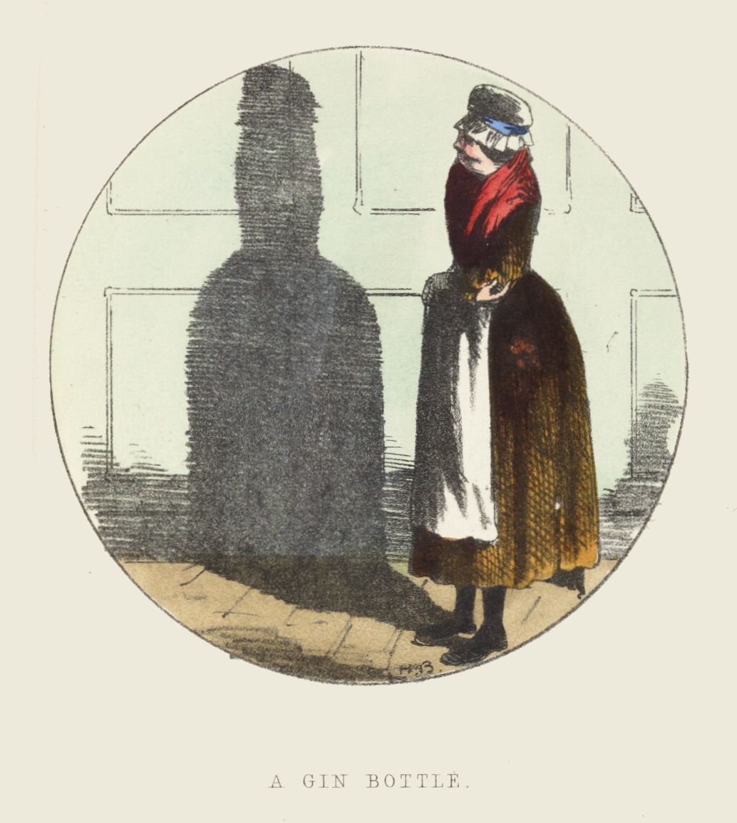 Vintage illustration of a woman with a shadow shaped like a gin bottle.