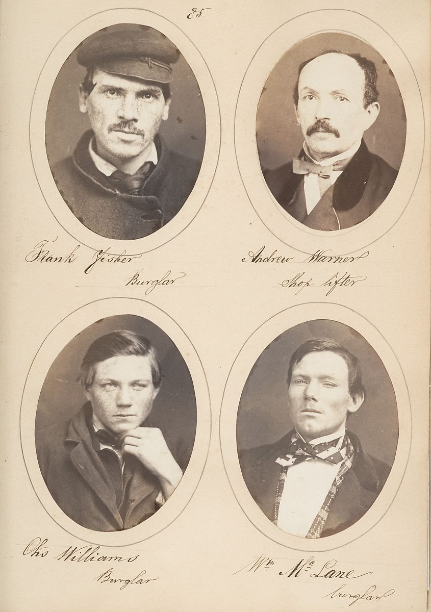 A vintage photograph featuring four oval-shaped portraits of men, likely from a police rogues' gallery or similar collection. Each portrait is accompanied by handwritten text identifying the man and his profession as a burglar.