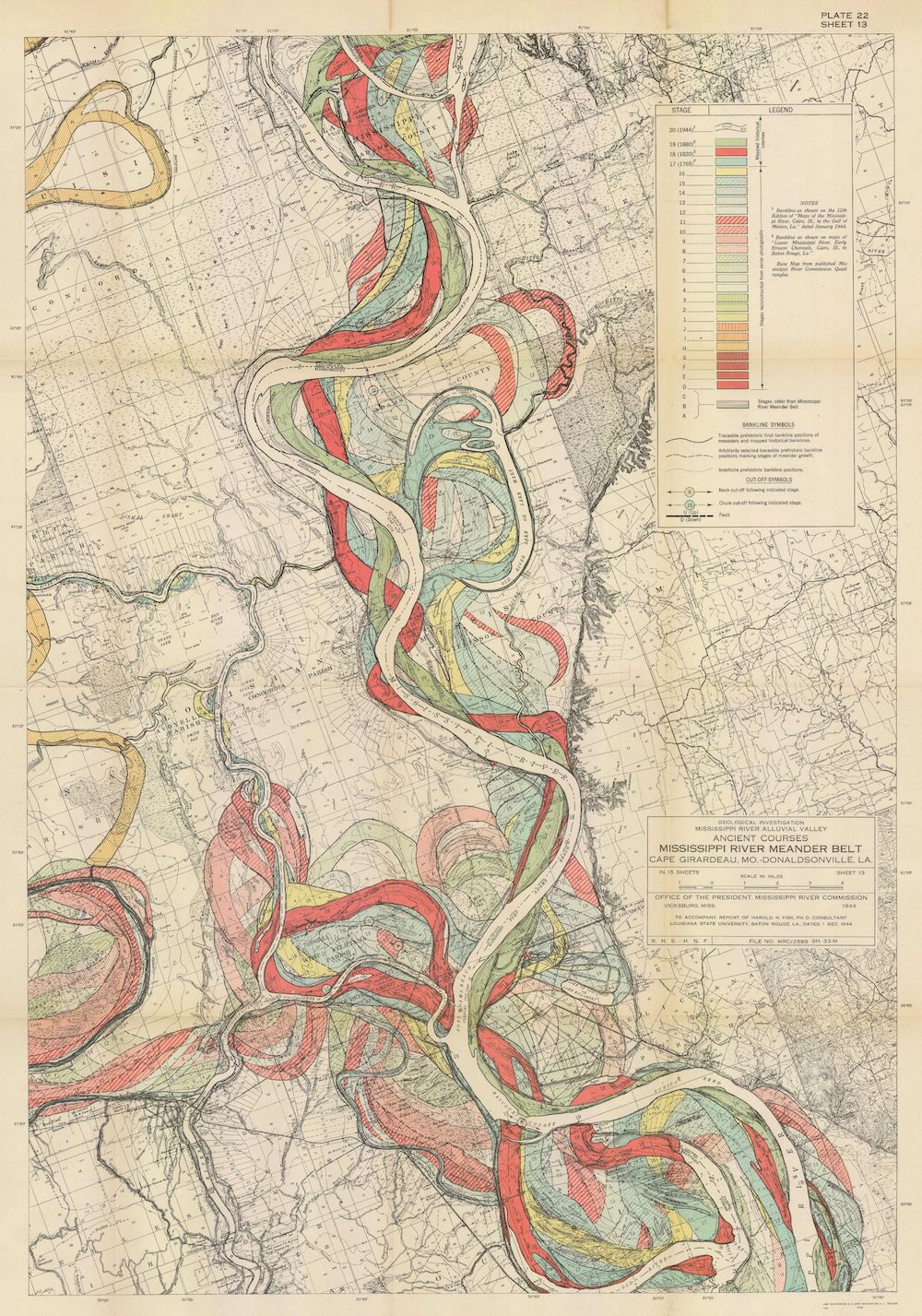Vintage map of the Mississippi River meander belt in Louisiana, showing ancient river courses in various colors overlaid on the current river course.