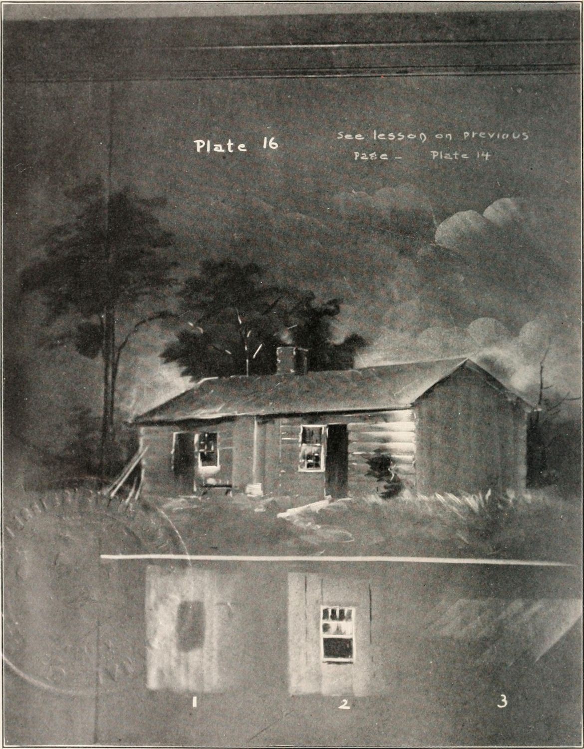 A vintage black and white photograph of a small log cabin nestled amongst trees, with handwritten text at the top and numbered rectangles below.