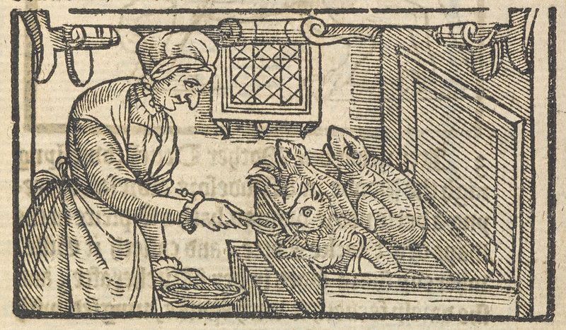 A woodcut illustration of an elderly woman preparing fish in a simple interior.