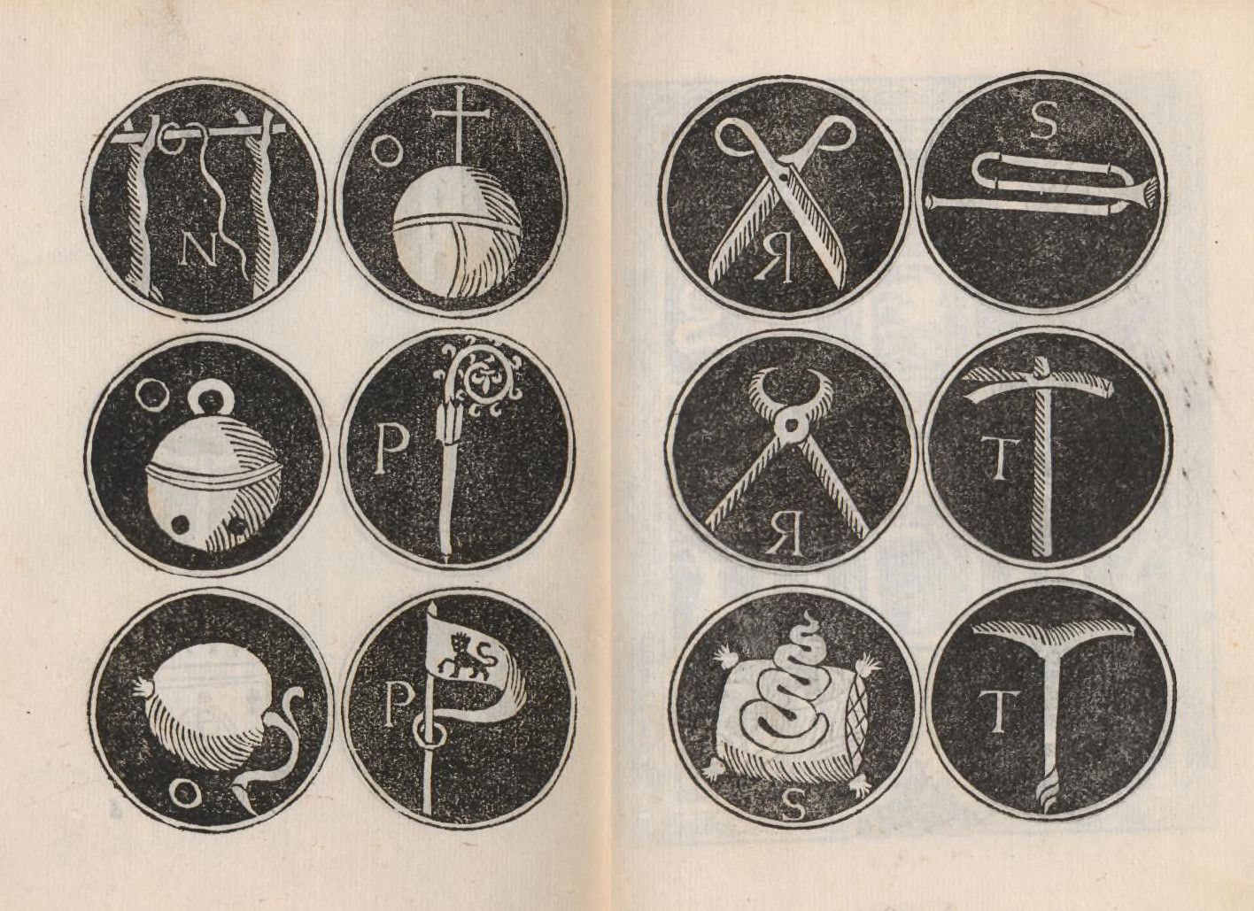 A vintage black and white illustration featuring a grid of twelve circular designs, each containing a unique symbol or object.