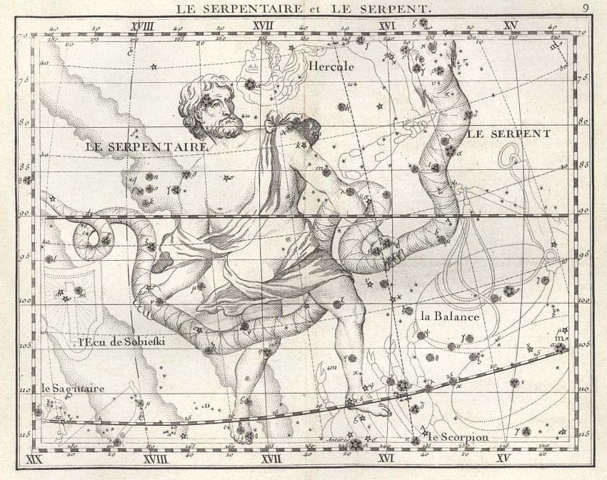 Vintage astronomical chart depicting the constellations of Serpens and Ophiuchus, with a detailed illustration of a man wrestling with a serpent, surrounded by stars and constellations, overlaid with a grid of coordinates and text labels in French.