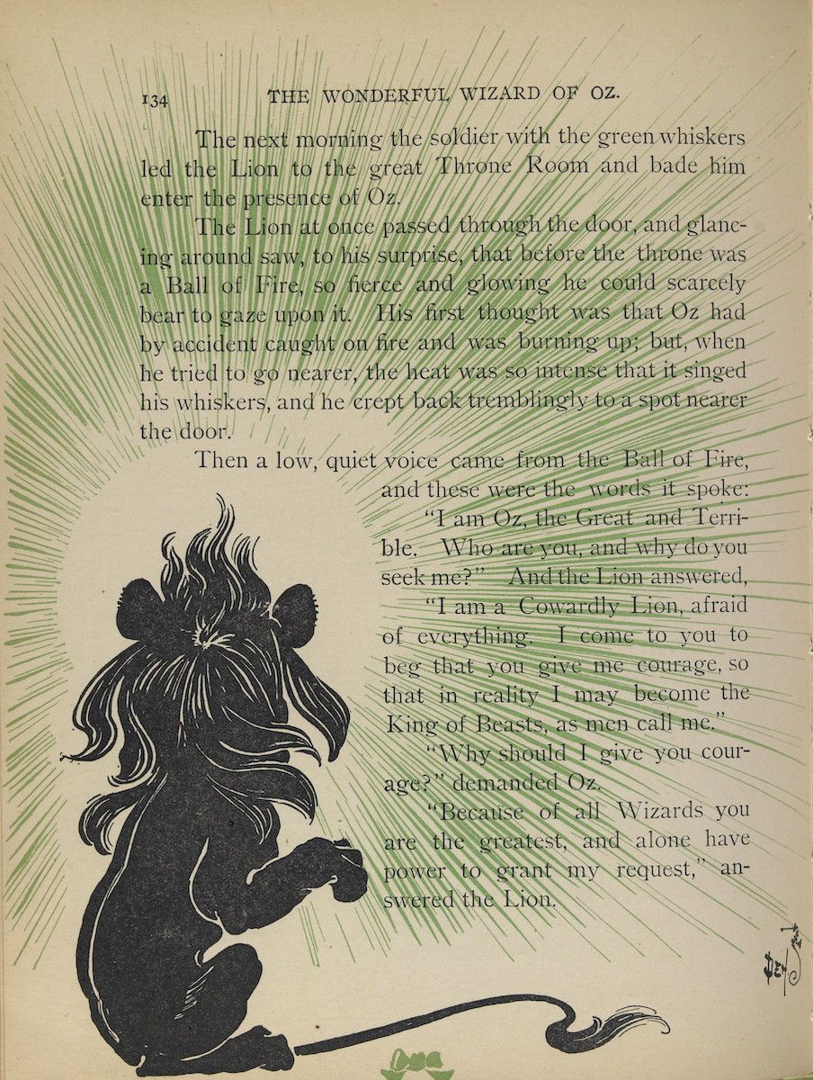 Vintage illustration of a lion cautiously approaching a glowing ball of fire in a throne room, accompanied by text.