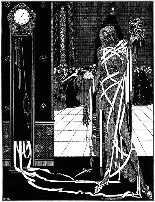 A black and white illustration of a gaunt figure wrapped in ribbons, standing next to a grandfather clock in a dimly lit room.
